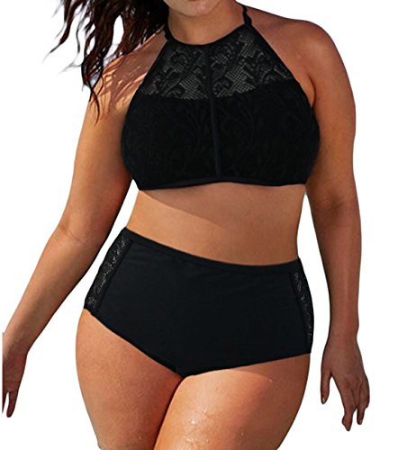 EVALESS Womens Stylish Patterned High Waisted Bikini Set Swimsuit Large Size Black