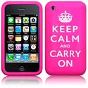 IPHONE 3GS HOT PINK/WHITE "KEEP CALM AND CARRY ON" LASERED SILICONE SKIN / CASE / COVER / SHELL PART OF THE QUBITS ACCESSORIES RANGE