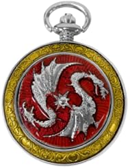 Celtic Pocket Watch Red Dragon Motif Roman Numerals with Chain Full Hunter Steampunk Cosplay PW-74