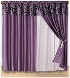 Purple with Black Velvet Floral Flocking Window Curtain Drape Set with Sheer Backing
