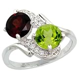 14k White Gold ( 7 mm ) Double Stone Engagement Garnet & Peridot Ring w/ 0.05 Carat Brilliant Cut Diamonds & 2.34 Carats Round Stones, 3/4 in. (19mm) wide, size 5