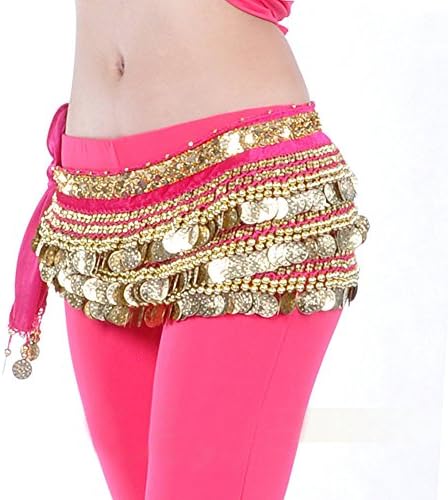 Jiang Bo Belly Dance Dancing Hip Scarf Skirt Wrap Costumes Gold Coins Belt velvet (rose red)