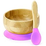 Brilidea 吸盤付き 竹ボウル お茶碗 ひっくり返し防止 スプーン付き (ピンク) bamboo bowl with silicone bottom set (plus spoon) (ピンク)