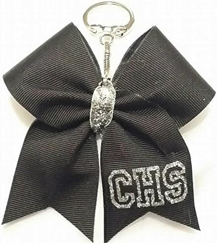 CHEER BOW KEYCHAIN - PLAIN GROGRAIN RIBBON with TEAM INITIAL IN SILVER GLITTER &amp; VARSITY FONT (BLACK)