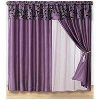 4 Pieces Purple with Black Velvet Floral Flocking Window Curtain / Drape Set with Sheer Backing