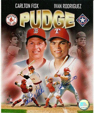 Autographed/Hand Signed Ivan Rodriguez & Carlton Fisk Texas Rangers & Boston Red Sox 8x10 Photo