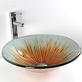 Tophome 手洗い器　手洗器 排水金具付 洗面ボール ガラス 手洗い器おしゃれ 洗面ボウル 洗面台　 彩色上絵 洗面鉢　洗面ボウル　強化ガラス製　ヒマワリ柄