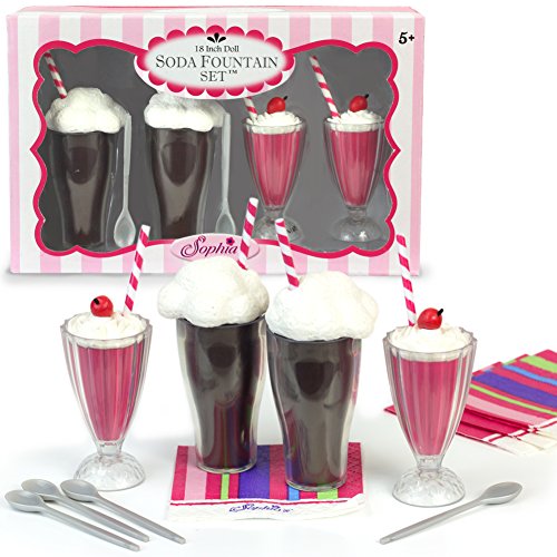 18 Inch Doll Play 12 Pc. Soda Fountain Set, 2 Root Beer Ice Cream Floats, 2 Strawberry Smoothies, 4 Spoons & 4 Napkins Perfect for 18 Inch American Girl Doll Food & More! Doll Items by Sophia s