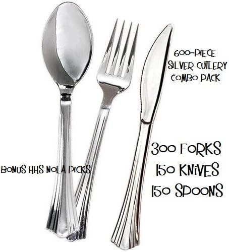 600 Pieces Plastic Silverware, Silver Cutlery Combo includes 300 Forks, 150 Spoons and 150 Knives w/Signature Party…