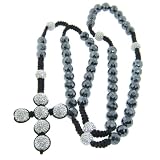 12mm Faceted Hematite Gemstone with 14mm White Czech Crystal Rosary Necklace