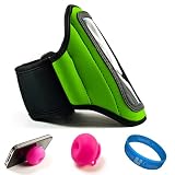 Green SumacLife Moisture Resistant Neoprene Hardcore Workout Armband for Nokia Lumia 900 / Nokia Lumia 910 / Nokia Lumia 610 / Nokia Lumia 710 / Nokia 808 PureView / Nokia Asha 302 / Nokia Lumia 800 / Nokia 603 / Nokia 701 / Nokia N9 / Nokia E6 / Nokia X7 + Pink Rubberized Silicone Suction Cup Stand + SumacLife TM Wisdom Courage Wristband