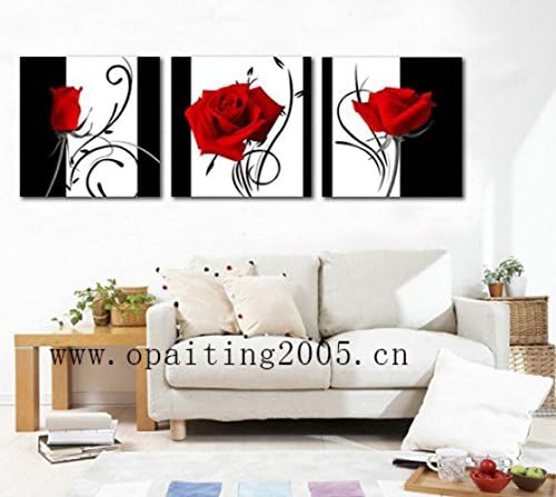 MovingMovie Hot Handmade Painting Decorative 3 Piece Flowers Paintings Home Art Modern Decorative Painting Group Of Red Rose Black &White