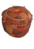 Rajasthani Traditional Decorative Multi Colored Patch, Mirror & Embroidered Ottoman or Stool with Tassels (It Comes Unfilled) MTCL00064