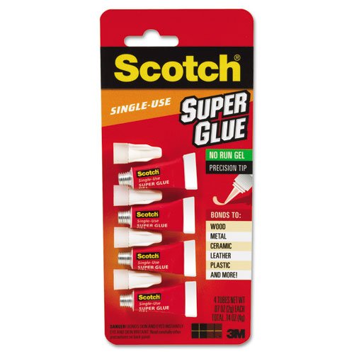 Scotch Products - Scotch - Scotch Single Use Super Glue, 1/2 Gram Tube, No-Run Gel, 4/PK - Sold As 1 Pack - Fast-drying adhesive combines improved bonding with precision application. - Bonds faster to many surfaces than standard super glues. - No-run gel 