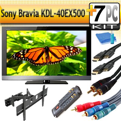 Brand New Sony Bravia KDL-40EX500 Series HDTV 1080p LCD HDTV With Buyers Choice Sony HD Accessory Kit Includes Professional Dual Arm Articulating Mount + (2) 6FT Hdmi 1.3B Cables - 6FT Audio Interconnect Cable Screen Cleaner + Surge Protector