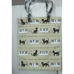 鍵盤☆黒猫ミィー★A4サイズのトートバッグ・レッスンバッグ★サブバッグ★ネコ好きに♪♪【音楽】【ピアノ】【音符】