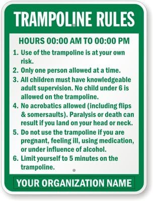 Trampoline Rules Your Organization Name, Diamond Grade Reflective Sign, 80 mil Aluminum, 24" x 18"