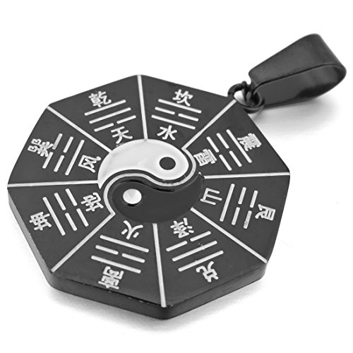 Men's Stainless Steel Pendant Necklace Black White Yin Yang -with 23 inch Chain