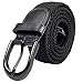 Braided Stretch Elastic Belt Pin Oval Solid Black Buckle Leather Loop End Tip Men/Women/Junior (Black, Medium 32