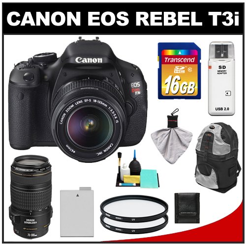 Canon EOS Rebel T3i 18.0 MP Digital SLR Camera Body & EF-S 18-135mm IS Lens with 70-300mm IS USM Lens + 16GB Card + Battery + Case + (2) Filters + Cleaning Kit