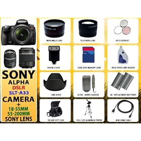 Sony Alpha Dslr-slt-a33 Digital Camera with 18-55mm Lens + 55-200mm Lens + Huge Accessories Package Including Wide Angle Macro Lens + 2x Telephoto Lens + 3 Pc Filter Kit + 16gb Sdhc Memory Card & Much More!!