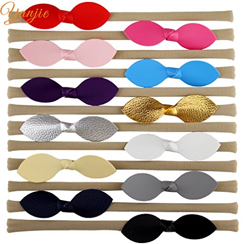 YanJie Faux Leather Bow Nude Nylon Soft Headband Infant Toddler Pack of 12