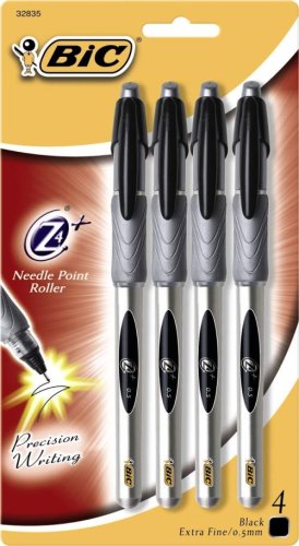 BIC Z4+ Needle Point Roller .5mm, Black, 4-Count Package (Pack of 6)