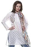 White Round Neck Long Sleeved Cotton Tunic With Embellished Mango Motif And Stole (Petite, Tall & Misses Sizes XS-3X)