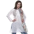 White Round Neck Long Sleeved Cotton Tunic With Embellished Mango Motif And Stole (Petite, Tall & Misses Sizes XS-3X)