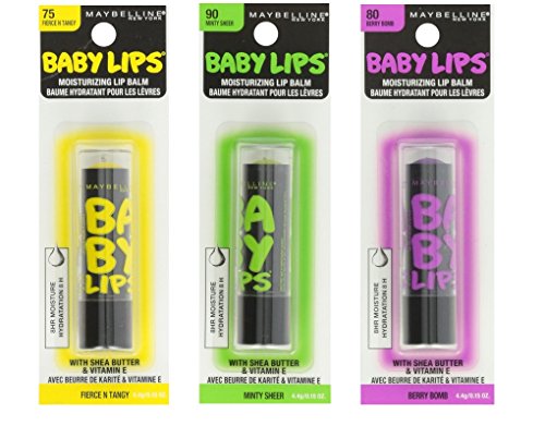 (Pack of 3) Maybelline New York Baby Lips Balm Electro, Minty Sheer, Berry Bomb, Fierce & Tangy
