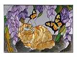 NEW 20.5 Stained ART Glass Panel ORANGE Kitten TABBY CAT Yellow BUTTERFLIES Butterfly WINDOW