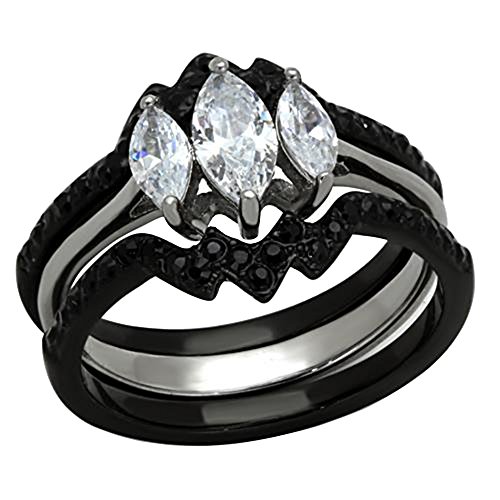 Black Stainless Steel Marquise Cut AAA Cubic Zirconia CZ 3 Stones Women Wedding Engagement Ring Set TKJ