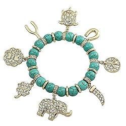 Gold Plated Turquoise Stone Good Luck Charm Stretch Bracelet