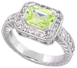 Sterling Silver Vintage Style Engagement Ring, w/ an 8 x 6 mm (1.5 ct) Emerald Cut Light Peridot-colored CZ Stone, 7/16