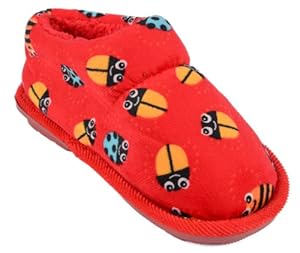 Girl's Ladybug Print Slippers in Warm Plush, Indoor Wear, Red, 7