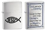 Zippo Lighter Set - Serenity Prayer and Jesus Fish Set of Two Pair