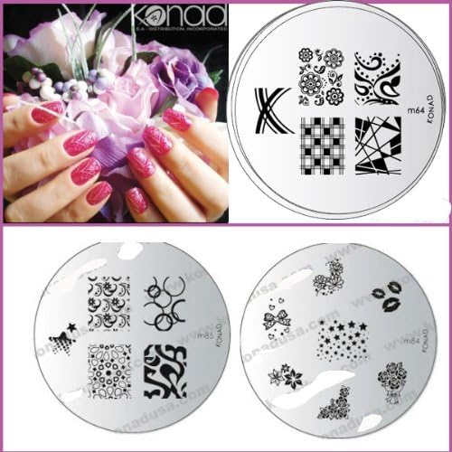 Konad Nail Art 3x Image Plates # M64, M84, M85 - Zig-Zags, Flowers, Butterfly's, Swirls + Kisses Designs+ A-viva Nail Kit and Box