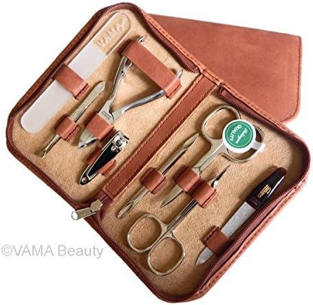 VAMA Beauty Luxury Brown Leather Manicure Pedicure Set Personal Care Grooming Kit for Men