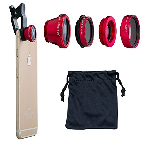 LuxsureÂ® Universal 4 in 1 Camera Lens Kit Fish Eye Lens + 2 in 1 Macro Lens + Wide Angle Lens + CPL Lens for iPhone 6/6 Plus/6s/6s plus/5/5S/4/4S,iPad Air/Mini,Samsung Galaxy/Note,Sony Xperia(Red)