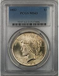 Coins: 1922 Peace Silver Dollar Coin $1 PCGS MS-62 (1F)