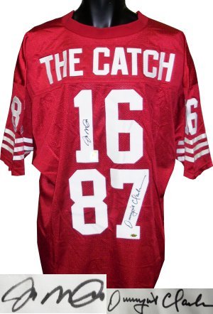 Dwight Clark signed San Francisco 49ers Red Prostyle Jersey w/Montana- Clark Hologram