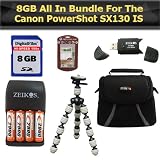 8GB All In Bundle For Canon PowerShot SX130 IS Digital Camera Includes 8GB High Speed SD Memory card + Gripster + USB 2.0 High Speed Card Reader + 4AA (2900 mAH) Rechargable NIMH Baterries And Charger + Deluxe Carrying Case + Clear LCD Screen Protectors