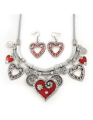 Burn Silver Hammered Charm  Red Heart Necklace & Drop Earrings Set - 38cm Length/6cm Extension