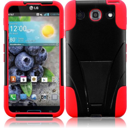 Generic Hybrid Double Layer Fusion Cover Case with Kickstand for LG Optimus G Pro E980 - Retail Packaging - Black/Red