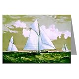 Einzel-Grußkarte von Currier und Ives handcolorierte Lithograph Darstellung des Americas Cup Rennen 1881 mit Yachten Mischief und Atlanta.