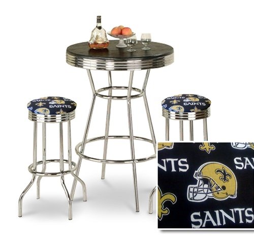 Chrome Bar Table & 2 Chrome Finish New Orleans Saints NFL Fabric Seat Barstools