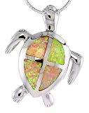 Sterling Silver Hawaiian Sea Turtle Pendant, Inlaid w/ Lab Opal with CZ, 1 3/16 (30 mm) tall,