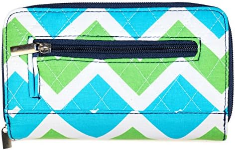 Turn Lock Quilted Double Zip Around Wallet, Chevron (Blue Green)