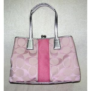 Coach Signature Pink Stripe Framed Carryall Tote Handbag
