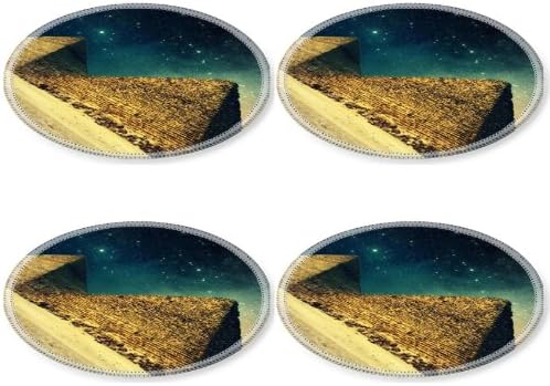 Egypt Pyramids Artisitic Night Sky Round Coaster (4 Piece) Set Fabric Rubber 5 Inch Size Luxlady Coaster Cup Mug Can Water Bottle Drink Coasters Stain Resistance Collector Kit Kitchen Table Top Desk